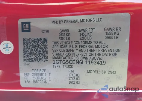 2020 GMC Canyon 2Wd Short Box Sle из США, поврежденный, VIN 1GTG5CEN6L1193419